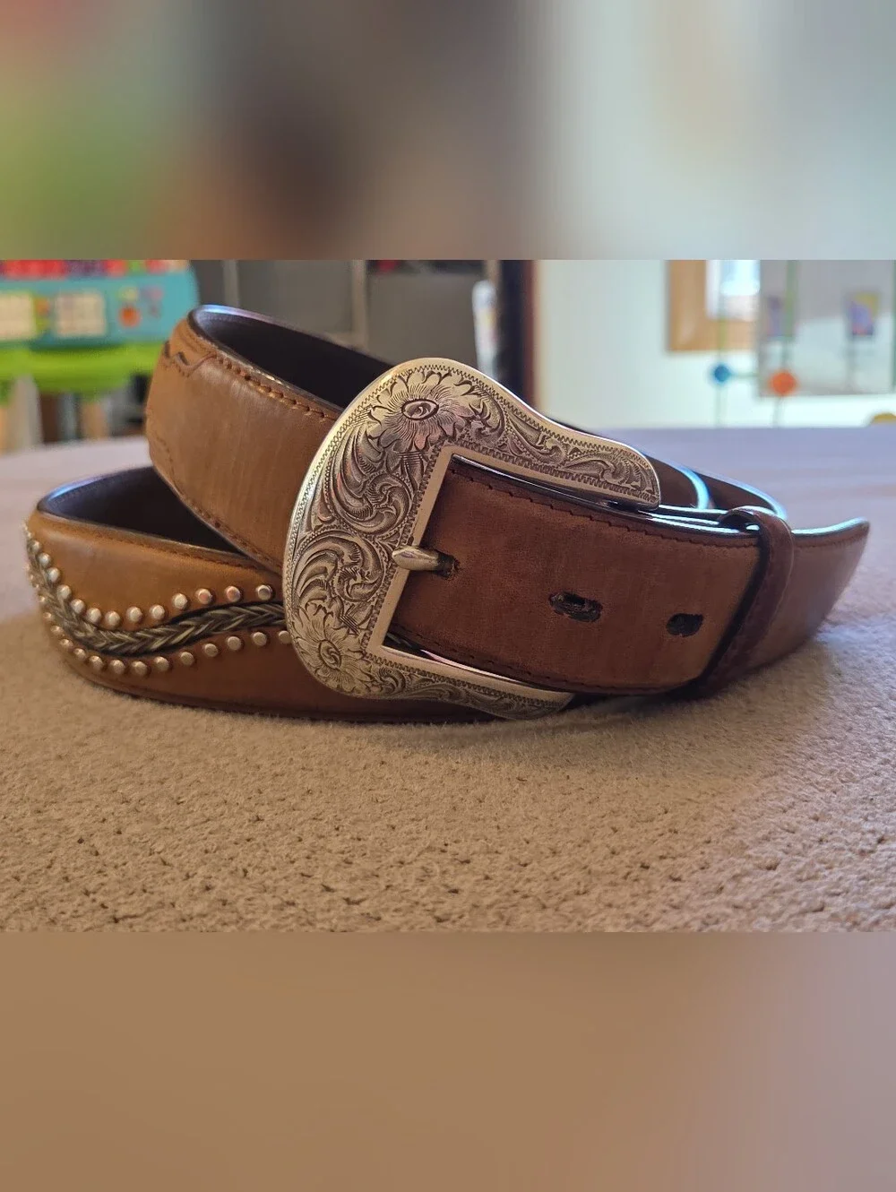 Vintage 1990's 3-D DDD Genuine Leather brown studded Braided Horse Hair Belt - Picture 1 of 16